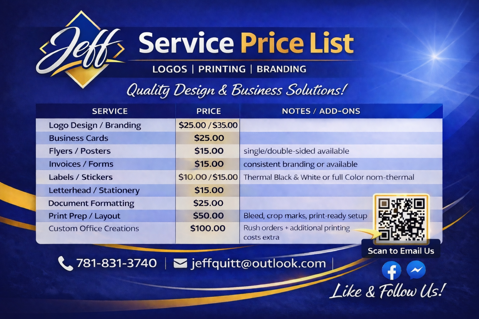 Jeff Service Price List
